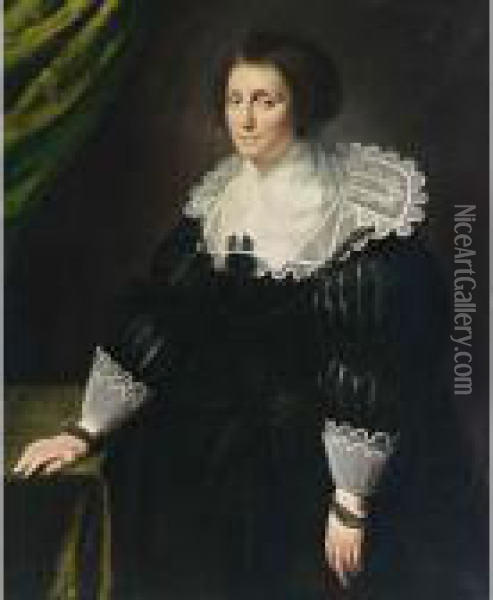A Portrait Of A Lady, Seated 
Three-quarter Length, Wearing A Black Dress With A Composite White 
Collar And Cuffs, A Black Headdress And Pearl Jewellery Oil Painting - Paulus Moreelse