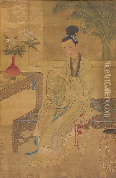 A Beauty With A Fan Oil Painting - Tang Yin