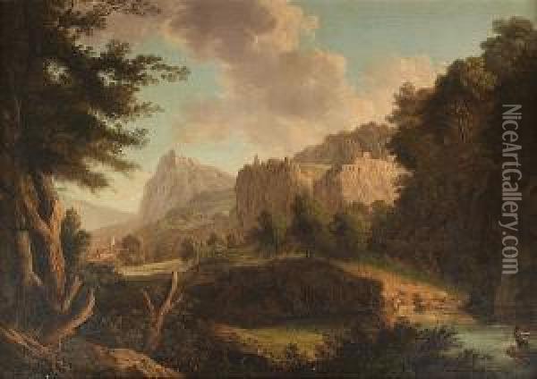 A Rocky River Landscape With A 
Figure In A Boat, A Hilltop Ruin And A View To A Village Beyond Oil Painting - Carlo Labruzzi