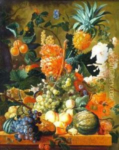 Still Life With Grapes, Flowers And Other Fruit Oil Painting - Paul-Theodor Van Brussel