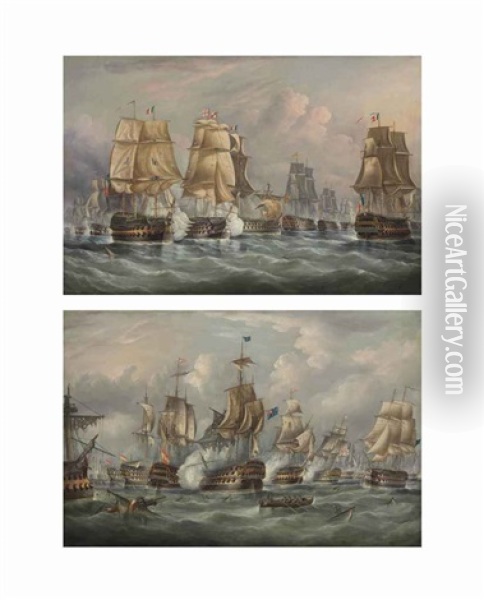 The Battle Of Trafalgar - H.m.s. Victory Breaking Through...(+ H.m.s. Victory Bringing The Body Of Lord Nelson Back To Gibraltar; Pair) Oil Painting - Richard B. Spencer
