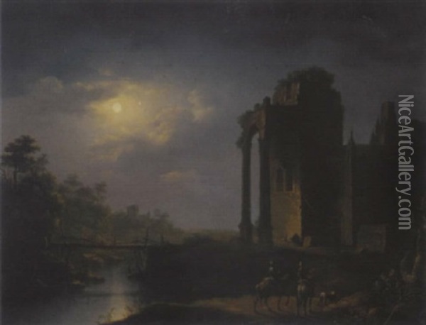 A Moonlit River Landscape With Horsemen By Ruins Oil Painting - Henry Pether
