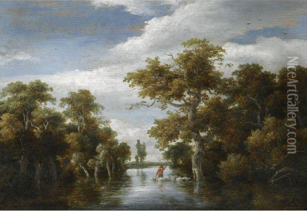 A Wooded Landscape With A Shepherd And His Flock Crossing Ariver Oil Painting - Meindert Hobbema