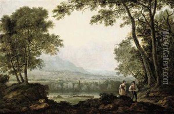 Two Figures In A Landscape, Overlooking A River With A Town Andmountains Beyond Oil Painting - Anthony Vandyke Copley Fielding