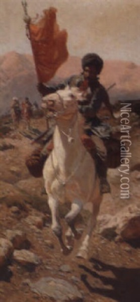 Arab On A White Horse Oil Painting - Franz Roubaud