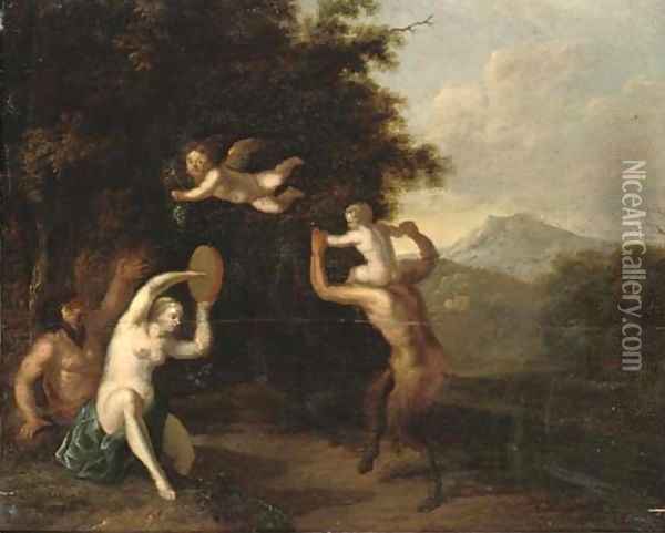A wooded landscape with satyrs and a nymph dancing Oil Painting - Martinus De La Court
