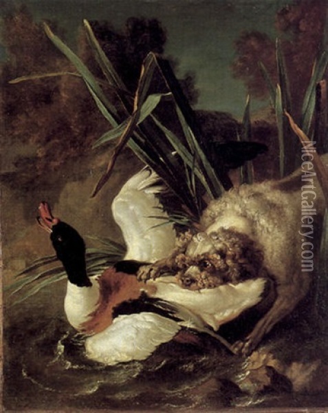 A Poodle Seizing A Shelduck Oil Painting - Jean-Baptiste Oudry