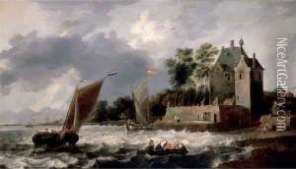 An Estuary Scene, With Rowing Boats And Small Sailing Boats Before A Fortified House Oil Painting - Gillis Egidius I Peeters