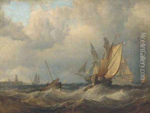 A Royal Naval two-decker backing her sails and making ready to enter port Oil Painting - George Chambers
