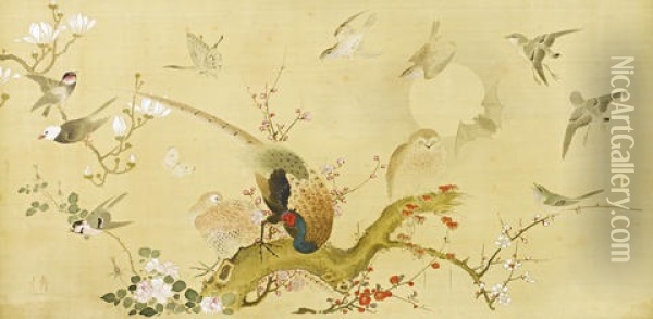 Untitled (different Species Of Birds) (sketch) (2 Works) Oil Painting - Watanabe Shukei