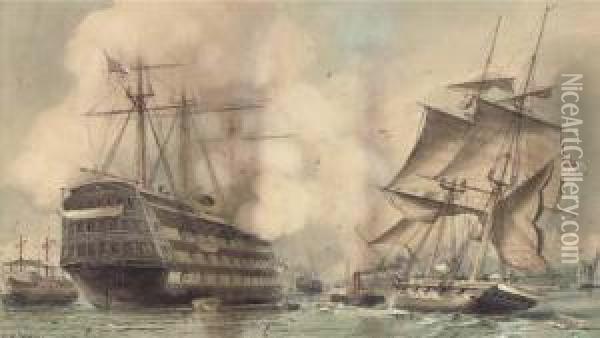 H.m.s. Victory Saluting A Royal 
Navy Brig Being Towed Past The Oldflagship's Permanent Mooring Into 
Portsmouth Harbour Oil Painting - William Edward Atkins