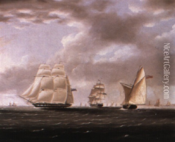 Two British Friagtes And A Yawl Passing Off A Coast Oil Painting - Thomas Buttersworth