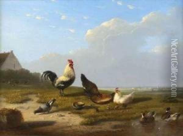 Cattle, Sheep And Hens In A Landscape Oil Painting - Francois Van Douwe