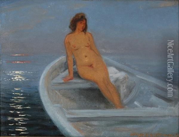 A Female Nude In A Rowing Boat At Sunset Oil Painting - Harald Slott-Moller