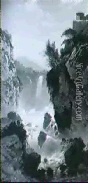 Blick Auf Die Wasserfalle Bei Tivoli                        Mit Dem Vestatempel Oil Painting - Hermann David Salomon Corrodi