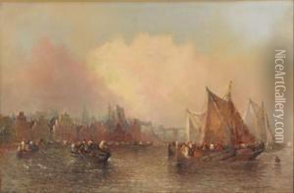 Dutch River (#) Fishing Boats In A Dutch Harbour Oil Painting - Clifford Montague
