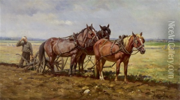 Bauer Mit Drei Pferden Beim Pflugen Oil Painting - Marie Guise Newcomb