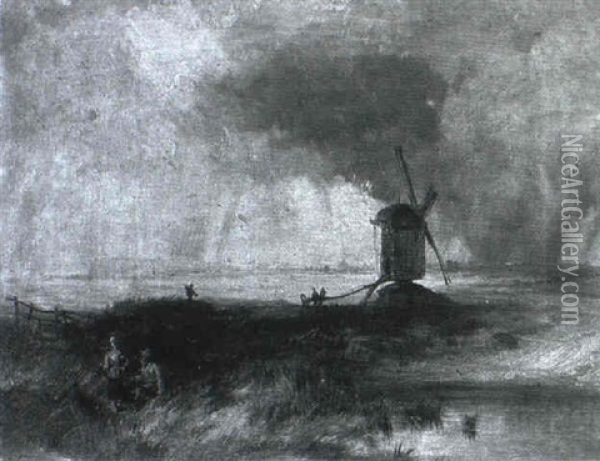 Figures In A Landscape Near A Windmill Oil Painting - James Baker Pyne