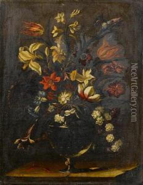 Tulips, Lilies, Narcissi And Other Flowers In A Glass Vase On A Stone Ledge Oil Painting - Giacomo Recco