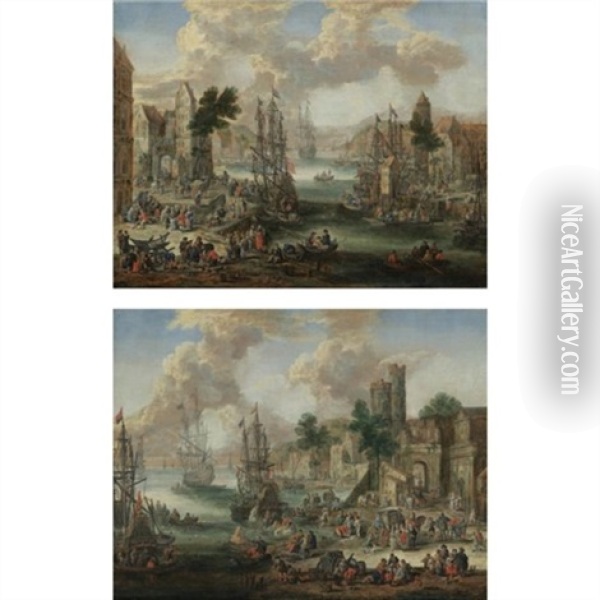 Harbour Scenes With Numerous Figures (pair) Oil Painting - Pieter Casteels the Younger