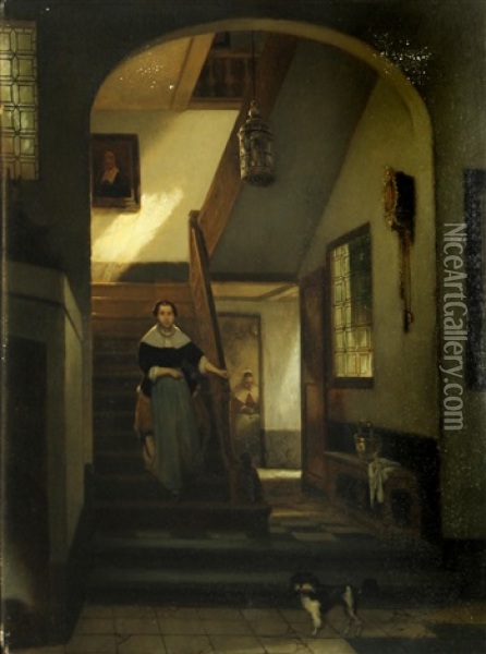 An Interior With A Woman Descending A Staircase Oil Painting - Willem Linnig the Elder