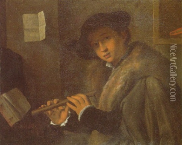 A Young Nobleman With A Soprano Recorder Oil Painting - Giovanni Girolamo (da Brescia) Savoldo