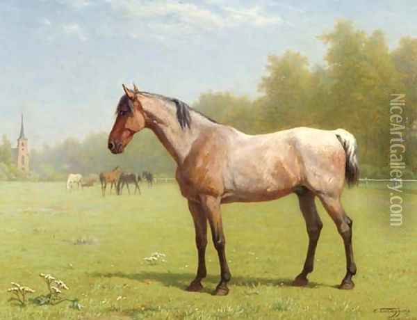 Horses in a meadow, the church of Brasschaat beyond Oil Painting - Charles Philogene Tschaggeny