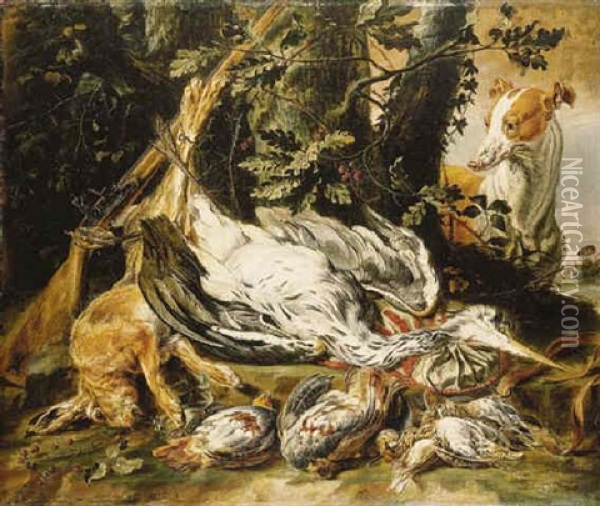 A Hunting Dog Guarding Dead Game Oil Painting - David de Coninck