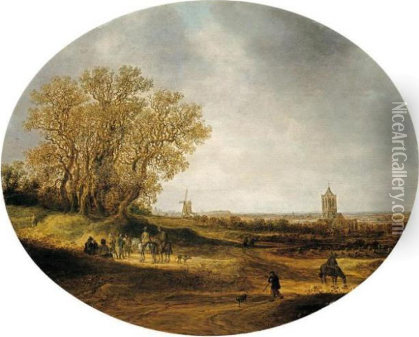 Two Riders And Other Figures On A
 Road, With A Distant View Of The Church Of Nieder-elten Oil Painting - Jan van Goyen