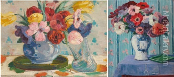 Composition Aux Pivoines (+ Vase Fleuri, Smllr; 2 Works) Oil Painting - Marthe Verhaeren