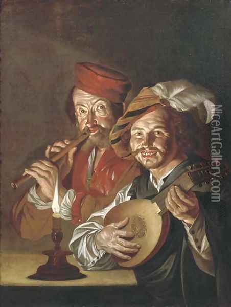 A lute player and a flute player making music by candlelight Oil Painting - Matthias Stomer