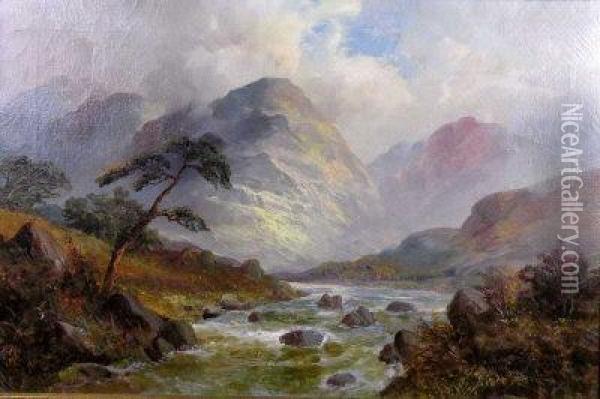 A Highland River Landscape Oil Painting - Henry Woods