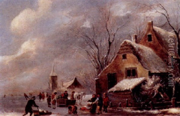 Skaters With Sledges On A Frozen River Near A Cottage, A Church Nearby Oil Painting - Nicolaes Molenaer