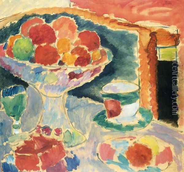 Still Life with Fruit Stand, Bohemian Glass and Empire Cup Oil Painting - Alexei Jawlensky