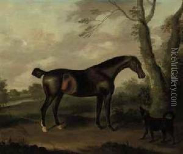 A Bay Hunter In A Landscape With A Dog Oil Painting - J. Francis Sartorius