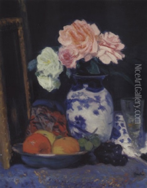 Still Life With Pink Roses In A Blue And White Vase Oil Painting - George Leslie Hunter