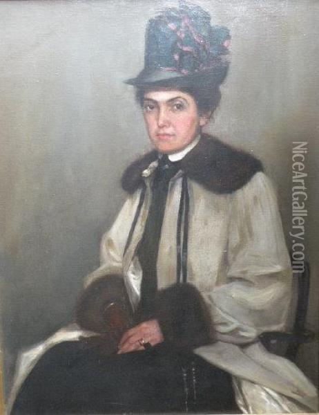 Portrait Of Mrs Hamilton Hay Wearing Hat And Coat With Fur Collar Oil Painting - James Hamilton Hay