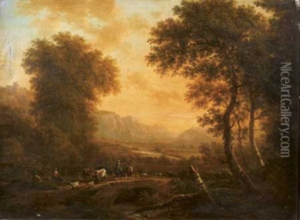 Paysage Montagneux A La Riviere Avec Une Bergere Et Son Troupeau Oil Painting - Victor de Grailly