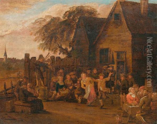 Tanzende Bauern Vor Wirtshaus. Oil Painting - David The Younger Teniers