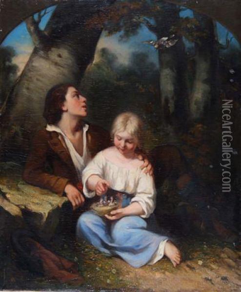 Two Figures With A Nest Of Fledglings Seated Under A Tree Oil Painting - Charles Fernand de Condamy