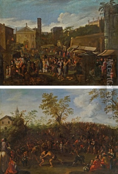 Pendants - Marktszene In Einer Sudlichen Stadt Und Ringkampf In Sudlicher Landschaft Vor Einer Zuschauermenge (pair) Oil Painting - Willem Reuter