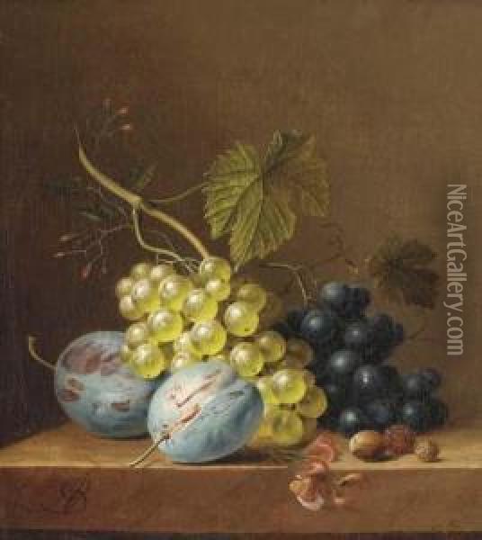 Grapes, Plums, Rasberries And An Acorn On A Wooden Ledge Oil Painting - Arnoldus Bloemers