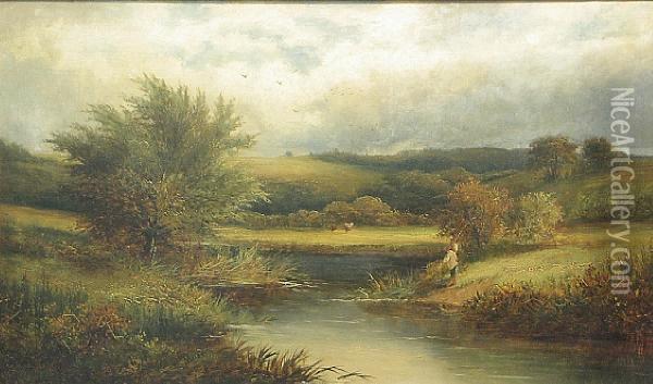 A Tranquil River Landscape With A Figure Onthe Bank Oil Painting - George Turner