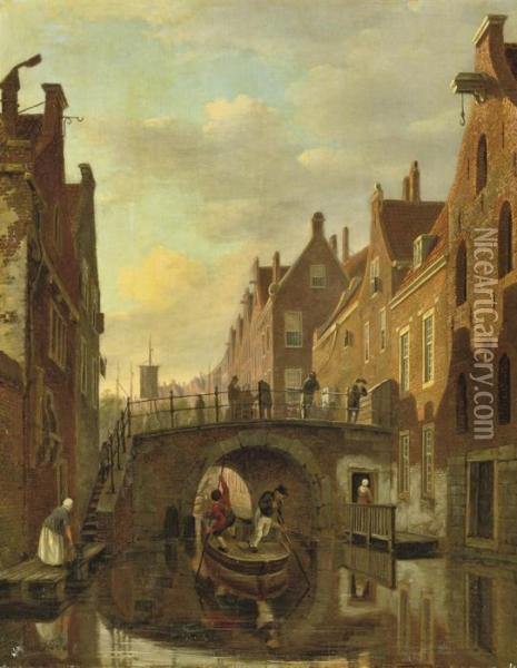 Pushing A Boat Through The Grimnessesluis, Amsterdam Oil Painting - Bartholomeus J. Van Hove