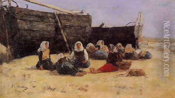 Fishwomen Seated on the Beach at Berck Oil Painting - Eugene Boudin