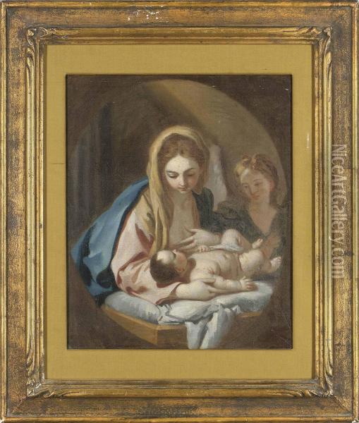 Mura 
 The Madonna And Child With An Angel, Feigned Oval Oil Painting - Francesco de Mura
