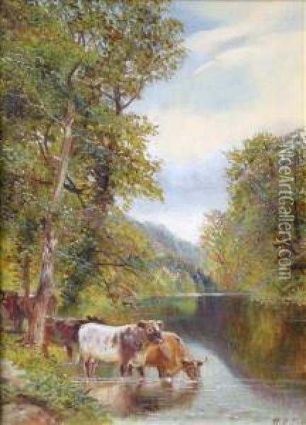 Tippet Cattlewatering In A River Oil Painting - William Vivian Tippet