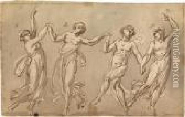 Study For Four Female Dancers, A Putto On Thereverse Oil Painting - Nicolas Poussin