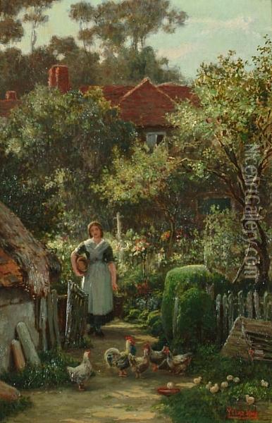 A Young Woman In A Cottage Garden Oil Painting - Henry John Yeend King
