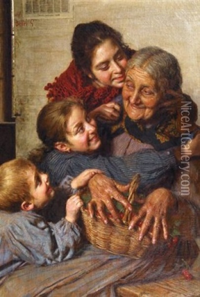 Grand-mere Et Ses Petits-enfants Au Panier De Cerises Oil Painting - Gaetano Bellei